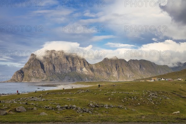 Tourists at Uttakleiv beach, Leknes, Nordland, Lofoten, Norway, Europe