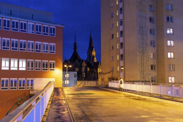 Skyline of the centre of the Essen-Steele district, Kaiser-Otto-Residenz senior citizens' housing estate, St. Laurentius Church, Saturn shopping centre, Essen, North Rhine-Westphalia, Germany, Europe