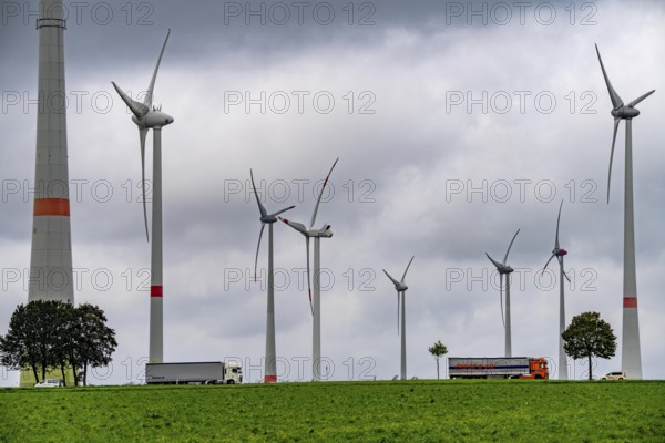 Wind farm east of Paderborn, on the B64 federal highway, North Rhine-Westphalia, Germany, Europe