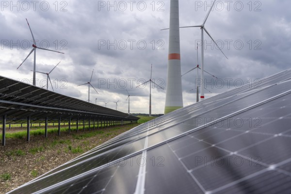 Wind farm and large-scale photovoltaic system, north-east of Bad Wünnenberg, near the village of Elisenhof, on the A44 motorway, North Rhine-Westphalia, Germany, Europe