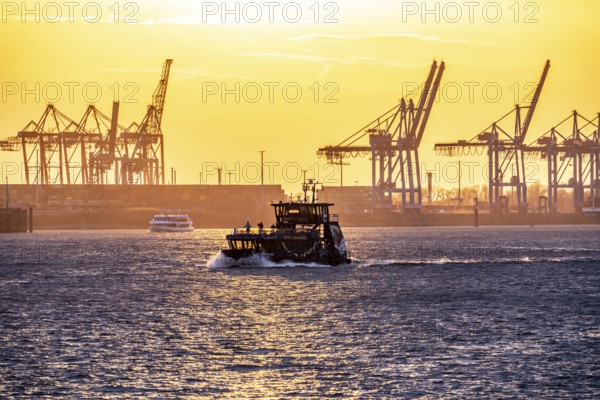 Port of Hamburg, view of the Blohm + Voss shipyard, evening, cranes of the container terminals, Hadag harbour ferry, Hamburg Germany