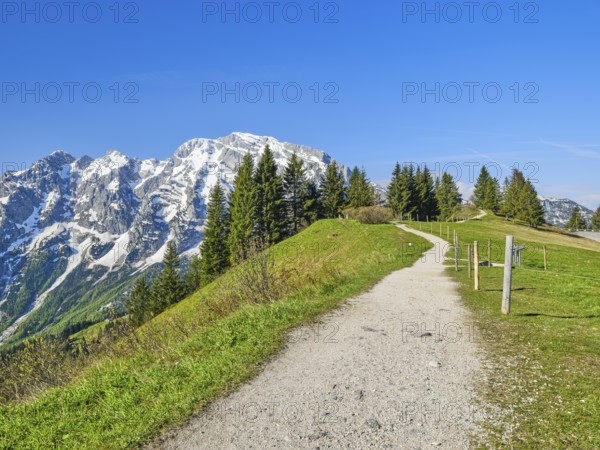 Hoher Göll with hiking trail in the foreground, Roßfeld Panoramastraße, Roßfeld, Berchtesgaden, Bavaria, Germany, Europe