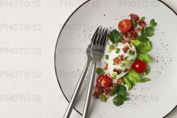 Poached egg, with bacon and vegetables, breakfast, homemade