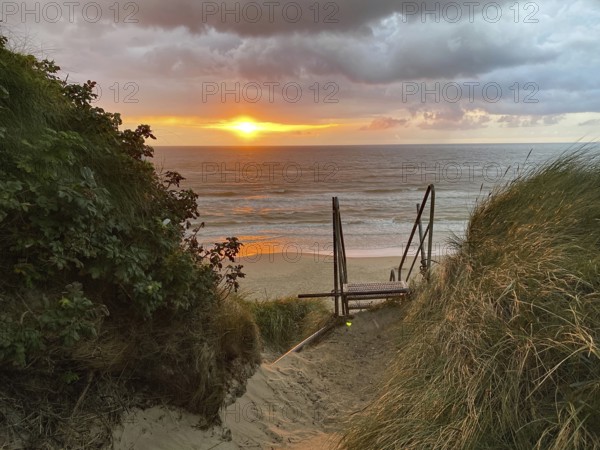 Sunset over the sea, the stairs lead down through the dunes to the beach, surrounded by plants, holiday, Lokken, Jutland, Denmark, Europe