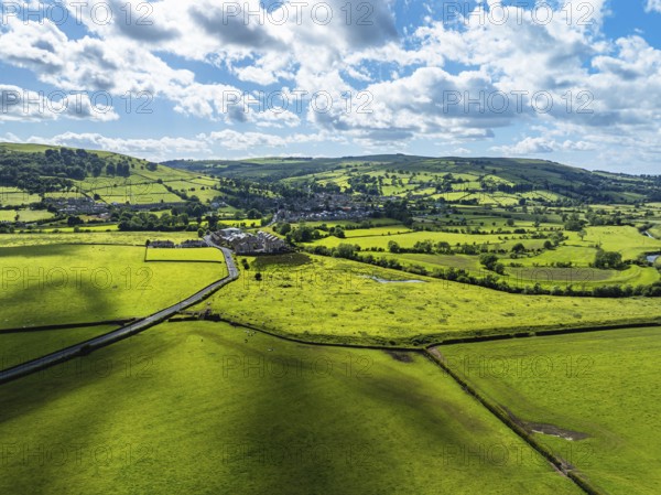 Farms and Fields over Cononley and River Aire from a drone, Keighley, North Yorkshire, England, United Kingdom, Europe