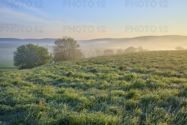 Morning landscape with misty meadow and rolling hills in the background at sunrise, Mönchberg, Miltenberg, Spessart, Bavaria, Germany, Europe