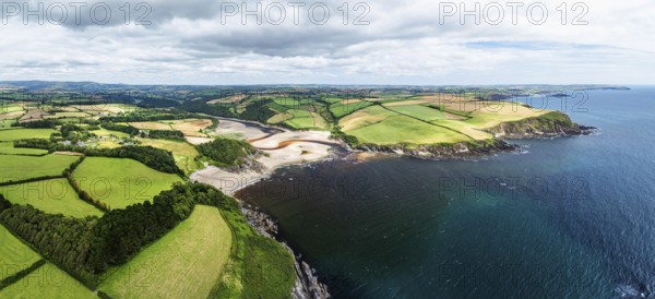 Panorama of Cliffs over Mothecombe Beach and Red Cove from a drone, River Emme, Mothecombe, Plymouth, South Devon, England, United Kingdom, Europe