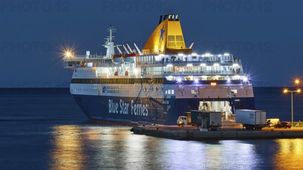Large illuminated ferry in the harbour at night, Pigadia, town and harbour, Bluestar Chios ferry at anchor, Pigadia Bay, main town, Karpathos, Dodecanese, Greek Islands, Greece, Europe