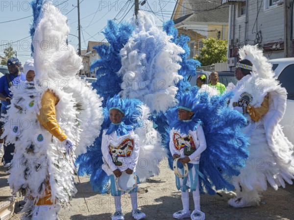 New Orleans, Louisiana - The Mardi Gras Indians' Super Sunday parade. African-Americans create elaborate costumes for the annual event to honor Native Americans who, during slavery, helped helped people escape and gave them refuge