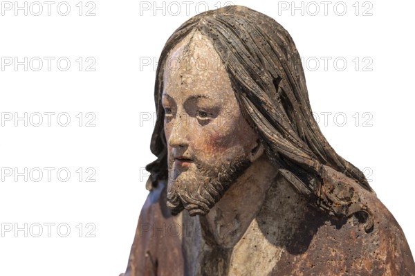Head of Christ, detail of the Palmesel, wooden figure around 1520, on a white background, Diözesan Museum, . Rottenburg, Baden-Württemberg, Germany, Europe