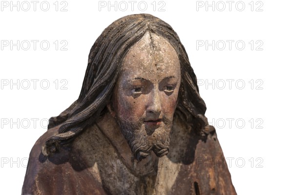 Head of Christ, detail of the Palmesel, wooden figure around 1520, on a white background, Diözesan Museum, . Rottenburg, Baden-Württemberg, Germany, Europe