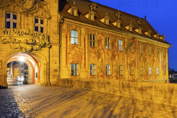 Façade painting on the Old Town Hall, Upper Bridge, Blue Hour, Bamberg, Lower Franconia, Bavaria, Germany, Europe