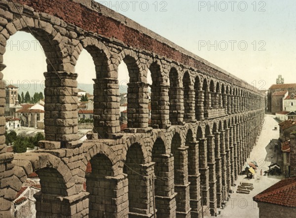El Puente, Aqueduct of Segovia, Spain, around 1890, Historical, digitally restored reproduction from a 19th century model, Europe