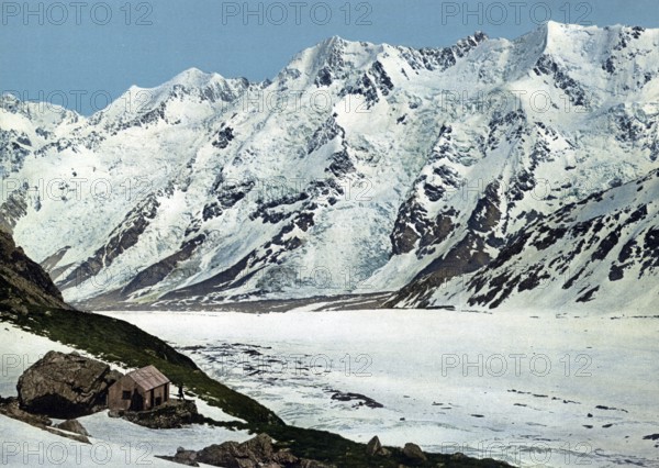 Glacier, Malte Brun is the highest peak in the Malte Brun Range, which lies between the Tasman and Murchison Glaciers within New Zealand Southern Alps, 1890, Historic, digitally restored reproduction from a 19th century original, Malte Brun is the highest peak in the Malte Brun Range, which lies between the Tasman and Murchison Glaciers within New Zealand Southern Alps, Historic, digitally restored reproduction from a 19th century original
