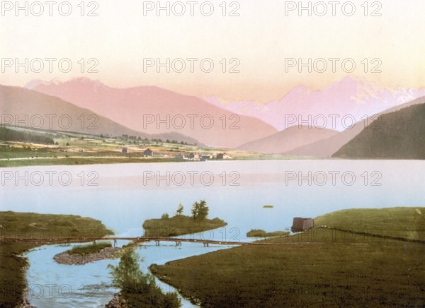 Heidersee, Tyrol, former Austro-Hungary, now South tyrol, Italy, c. 1890, Historic, digitally restored reproduction from a 19th century original Lake Heidersee, Tyrol, former Austro-Hungary, now South tyrol, Italy, 1890, Historic, digitally restored reproduction from a 19th century original, Europe