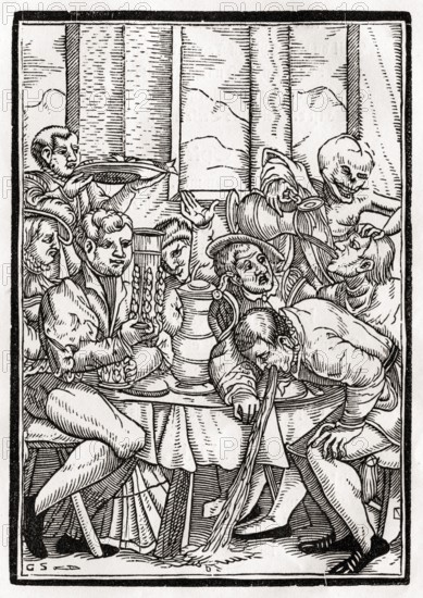Der Tod holt den Trunkenbold Holzschnitt von Georg Scharffenberg nach Hans Holbein d. J. Aus Der Todten Tanz, Basel 1843, Death comes for the Drunkard Woodcut by Georg Scharffenberg after Hans Holbein the Younger From Der Todten Tanz or The Dance of Death published Basel 1843, Historisch, digital restaurierte Reproduktion von einer Vorlage aus dem 19. century, Record date not stated
