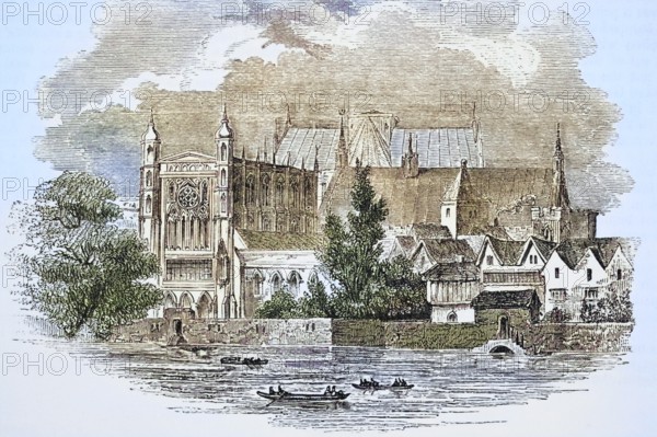 Houses of Parliament London England View from the river in the time of John Hampden 1594, 1643 From Old England's Worthies published by Lord Brougham and others London c. 1880's, Historic, digitally restored reproduction from a 19th century master, Record date not stated