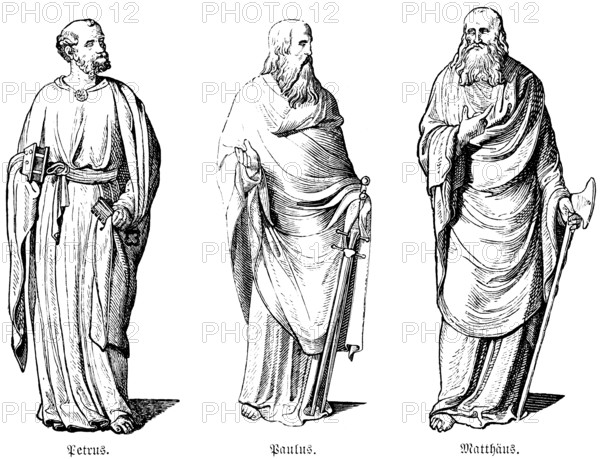 Portraits of the apostles Peter, Paul, Matthew, Bible, New Testament, Gospel of Luke, historical illustration 1880