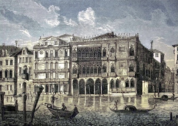 Ca' d'Oro, correctly Palazzo Santa Sofia, is a palace on the Grand Canal in Venice, northern Italy, the golden house, digital reproduction of a 19th century original, original date unknown