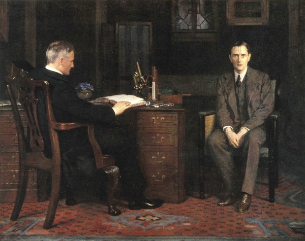 Two men are in an office, one sitting at a desk and the other on a chair, engrossed in a conversation. Sentence of death, Painting by John Maler Collier (28 January 1850, 11 April 1934), British writer and painter, Historical, digitally restored reproduction from a 19th century original, Record date not stated