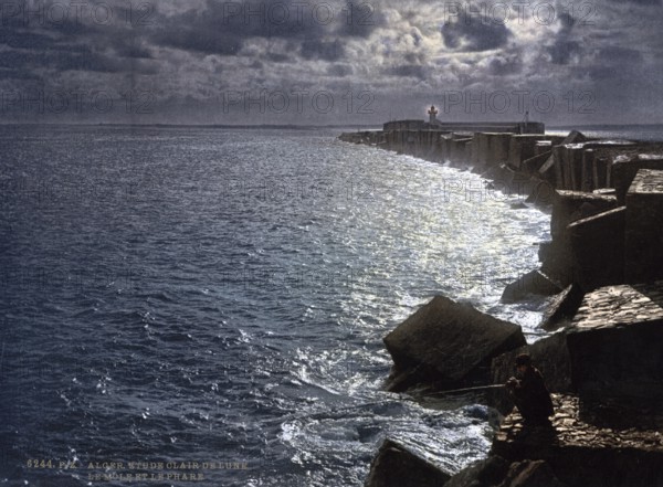 Moonlight with lighthouse, Algiers, Algeria, ca 1890, Historical, digitally restored reproduction from a 19th century original, Record date not stated, Africa