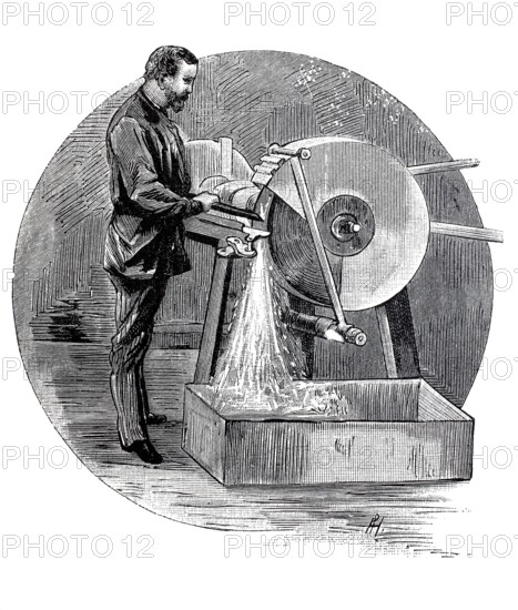Exhibition on accident prevention in Berlin 1889, spark protection at the grindstone, digital reproduction of an original from the 19th century, historical
