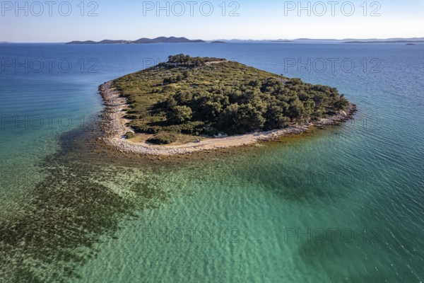 The island of Veli Školj off Pakostane seen from the air, Croatia, Europe
