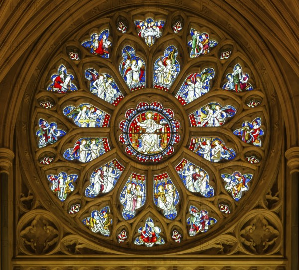 Round or rose stained glass window 1877 by Hardman, Bristol cathedral church, Bristol, England, UK