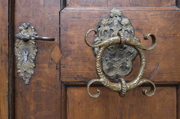 Historic door handle and door knocker from the 16th century, Bavaria, Germany, Europe