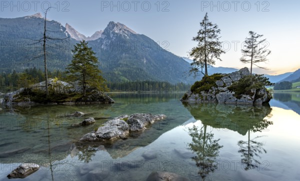 Hochkalter reflected in Hintersee, at sunset, Berchtesgaden National Park, Ramsau, Upper Bavaria, Bavaria, Germany, Europe