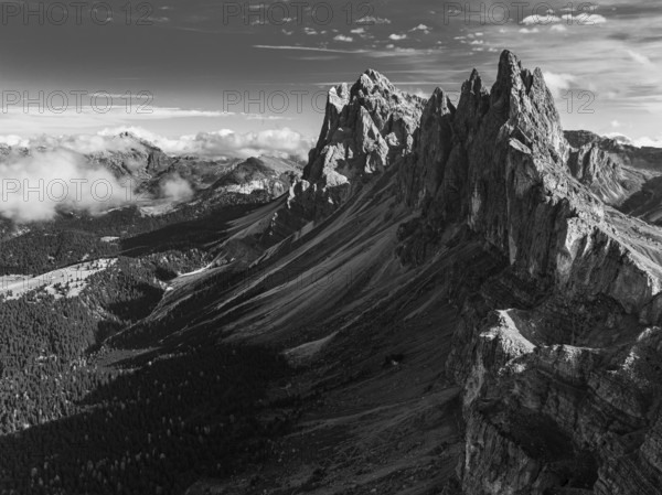 The peaks Sas Rigais and Furchetta of the Geisler group, drone image, black and white image, Val Gardena, Dolomites, Autonomous Province of Bolzano, South Tyrol, Italy, Europe