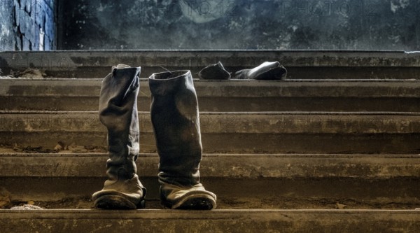 Old army boots, interior view of the former Alpine House on the historic grounds of the Tuberculosis Sanatorium in Beelitz, Brandenburg, Germany, Europe