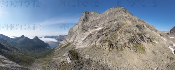 Aerial view of Mt. Stetind, famous norwegian mountain, seen from half way up to the top, northern Norway