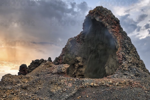 Cave, smoke, volcanic landscape of the Fire Mountains, Montañas del Fuego, Timanfaya National Park, Lanzarote, Spain, Europe