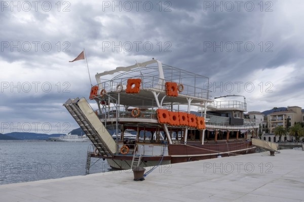 Excursion boat in the harbour of Porto Montenegro, Adriatic Sea, Mediterranean Sea, Montenegro, Balkans, Europe