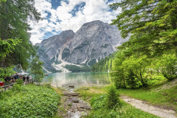 Tourists enjoying the landscape at lake braies, also called pragser wildsee, with the seekofel mountain in the background, in the dolomites, south tyrol, italy