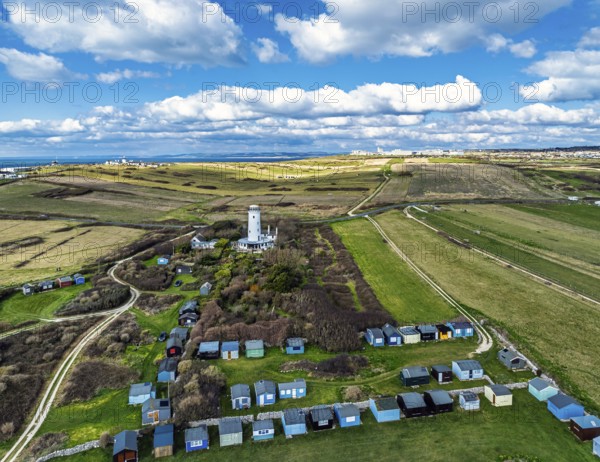 Portland Bird Observatory from a drone, Bill Lighthouse, Portland Bill, Isle of Portland, Dorset, England, United Kingdom, Europe