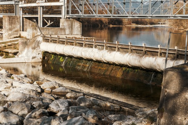 Close-up of an old water weir, sunny landscape and clear sky, Neunkirchen, Lower Austria, Austria, Europe