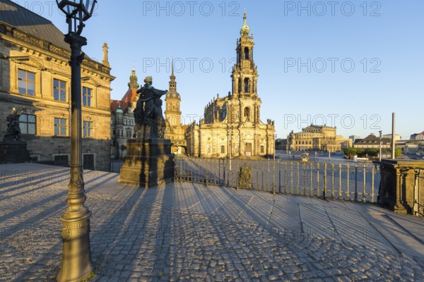 View from Brühl's Terrace of St George's Gate, Hausmann Tower, Court Church and Semper Opera House in the morning light, Dresden, Saxony, Germany, Europe