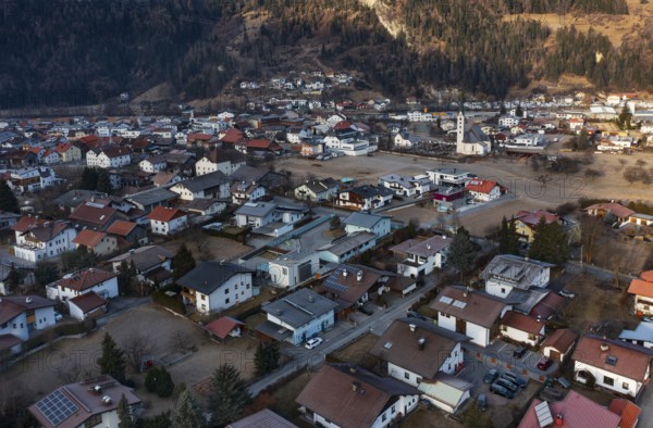 Drone shot, view of village with parish church, Prutz, Kaunertal, Inntal, Tyrol, Austria, Europe