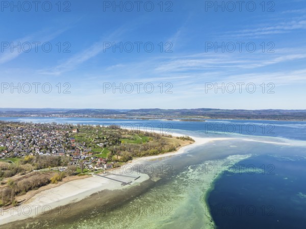 Aerial view of the Höri peninsula with the Lake Constance community of Horn at low tide, on the horizon the Mettnau peninsula with the town of Radolfzell on Lake Constance, district of Constance, Baden-Württemberg, Germany, Europe