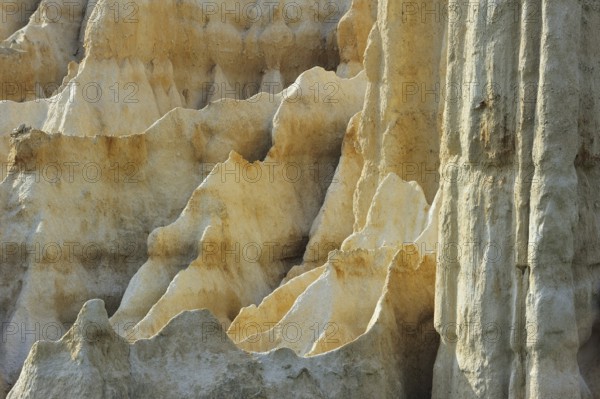 Strange rock formations created by water erosion at the Orgues d'Ille-sur-Têt in the Pyrénées-Orientales, Pyrenees, France, Europe