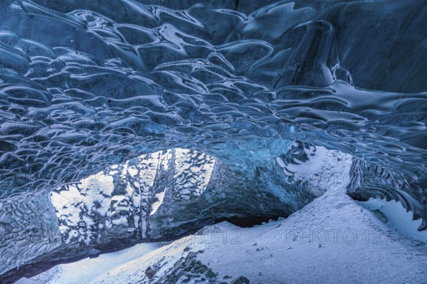 Aquamarine ice combs in Pröng Ice Cave, Sudurland, Iceland, Europe