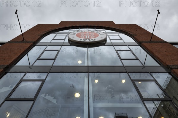 Glass façade with logo FC St. Pauli, Millerntor Stadium, St. Pauli district, Hamburg, Germany, Europe