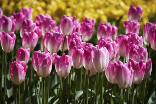 Blooming tulips flowerbed in Keukenhof flower garden, also known as the Garden of Europe, one of the world largest flower gardens and popular tourist attraction. Lisse, the Netherlands