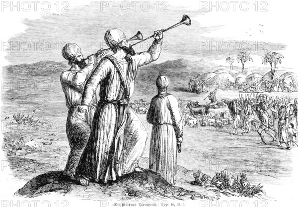 The silver trumpets, crowd, departure, animals, palm trees, landscape, mountains, Old Testament, Genesis, Fourth Book of Moses, chapter 10, verse 5, historical illustration circa 1850
