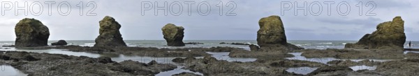 Sea stacks at the Plage des Cinq Pineaux at Saint-Hilaire-de-Riez, La Vendée, Pays de la Loire, France, Europe
