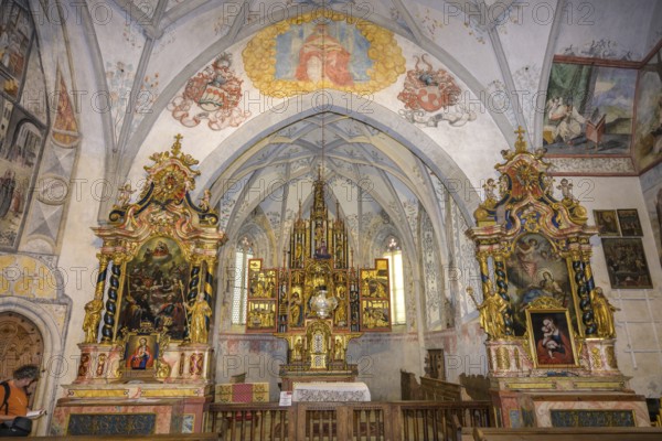 Baroque side altars and late Gothic winged altar in the hospital church, Laces, South Tyrol, Italy, Europe