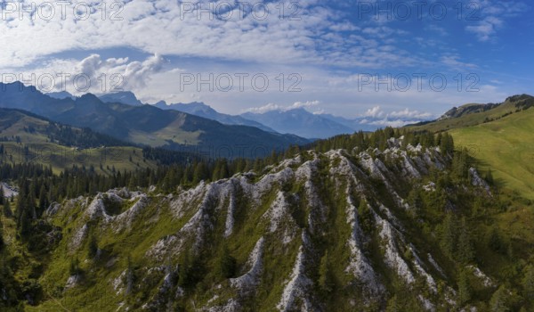 Aerial view of the gypsum pyramids at Col de la Croix, Canton Vaud, Switzerland, Europe