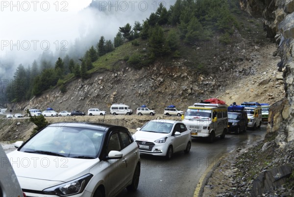 Tourism from Europe in the Indian part of the Himalayas, in the parts of Ladakh and Kashmir, pictured here in June 2019- is quite rare but still very interesting. There are travel warnings.Ladakh. On the National Highway (NH !), IND, India, Asia